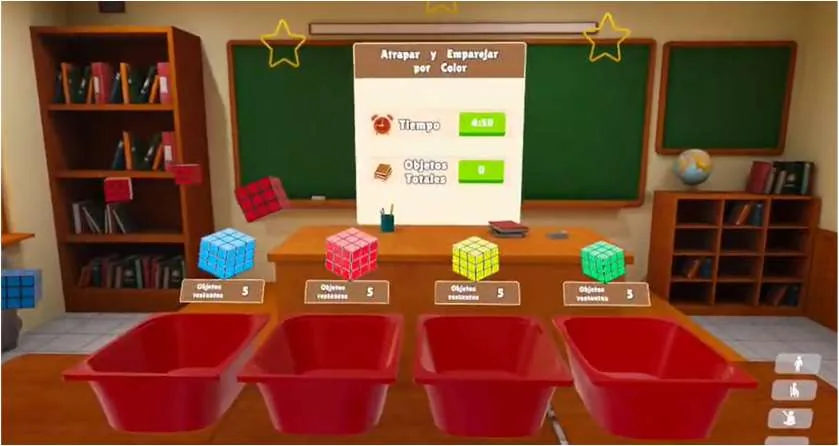 Captura real del juego de clasificación por colores de Aula Inmersiva VR