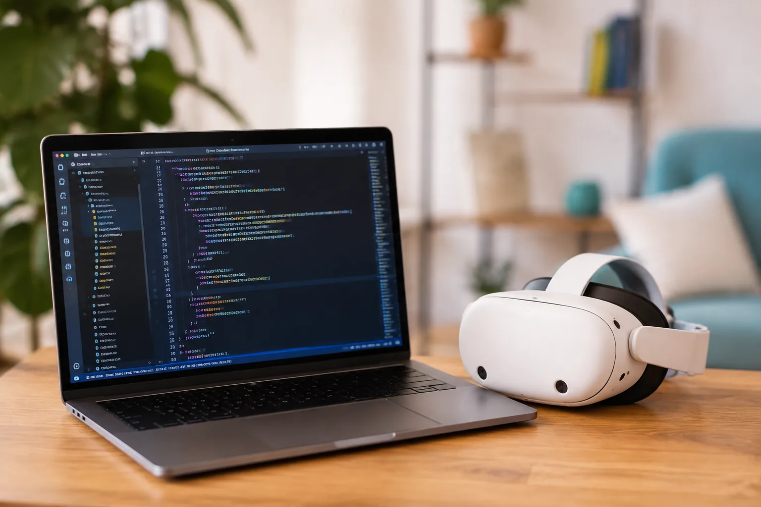 Portátil con código de programación y visor de realidad virtual sobre una mesa de trabajo