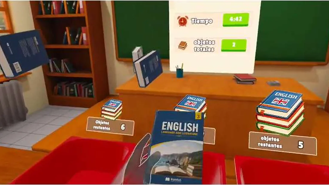 Captura de una experiencia educativa de Minifunkids: un aula virtual en la que hay que clasificar libros de inglés en bandejas, con marcador de tiempo y de objetos restantes
