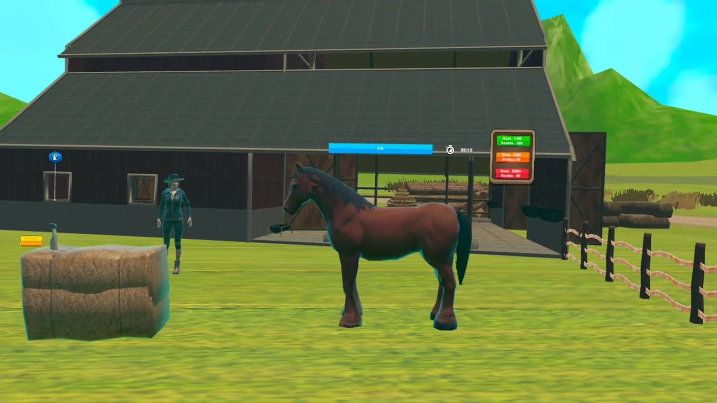 Captura de una experiencia de granja de Minifunkids: un caballo junto a un establo en un prado, con marcador de tiempo y de puntos