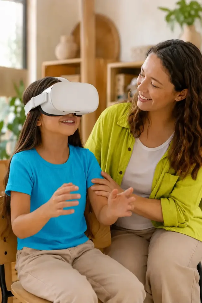 Profesional educativa acompaña a una niña durante una experiencia inclusiva de realidad virtual