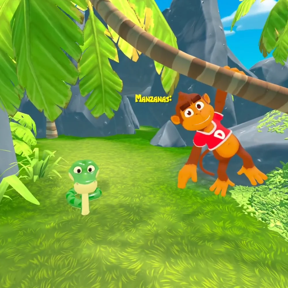 Captura de la experiencia La Jungla del Mono Don de Minifunkids: un claro de selva con el mono Don colgado de una palmera y una serpiente entre la hierba