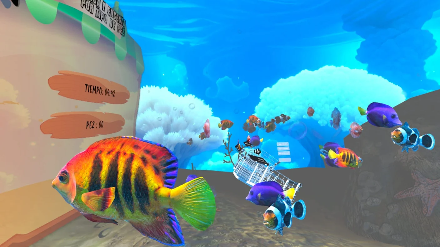 Captura de la experiencia El Pescao Encestao de Minifunkids: un fondo marino con peces de colores, una cesta y el cartel «Pesca y encesta por tipo de pez»