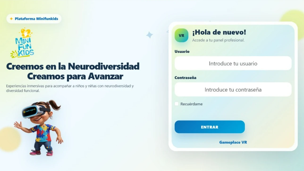 Captura de la plataforma de Minifunkids: pantalla de acceso para profesionales con el lema «Creemos en la Neurodiversidad, Creamos para Avanzar»