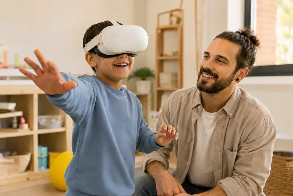 Profesional acompañando una experiencia inclusiva de realidad virtual