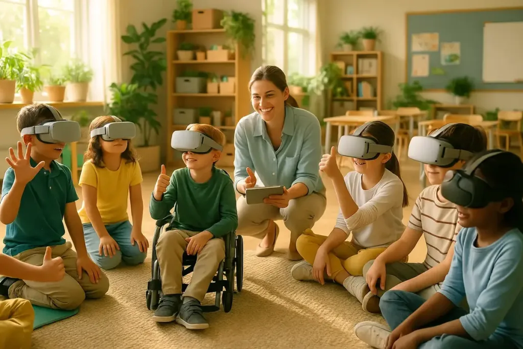 Una docente da la bienvenida a un grupo diverso de niños que exploran la realidad virtual