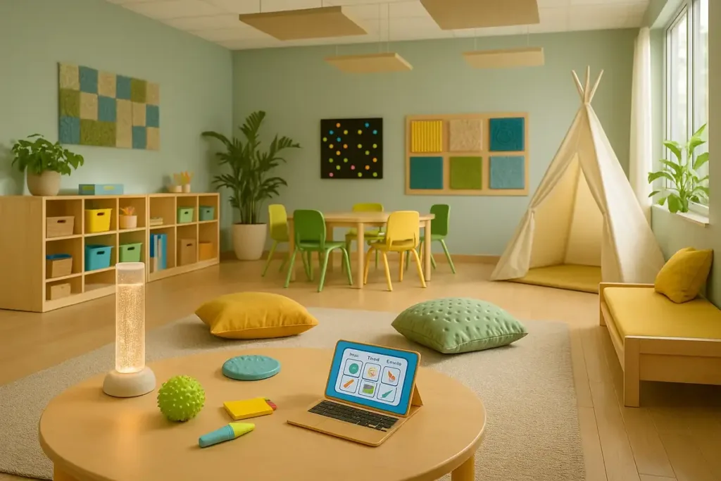 Un aula sensorial con iluminación amable, materiales accesibles y un rincón de calma
