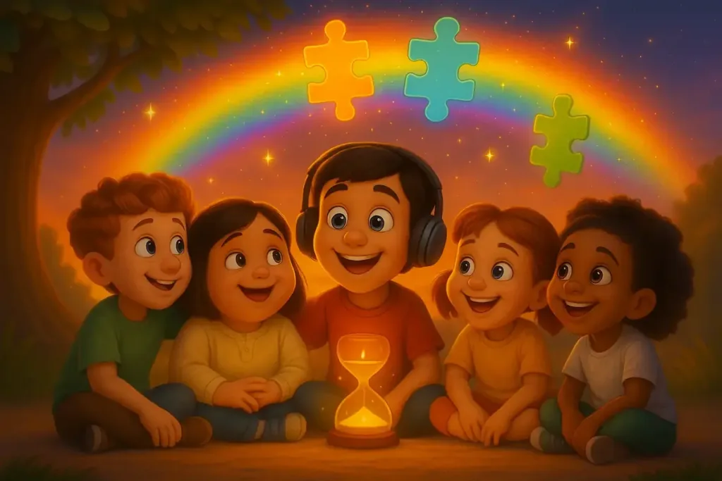 Un grupo de niños celebra la neurodiversidad bajo un arcoíris