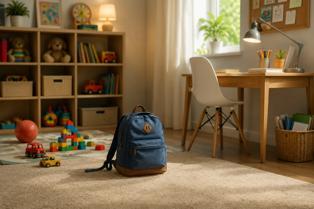 Una habitación ordenada con la mochila preparada y los juguetes recogidos, lista para el cambio de actividad