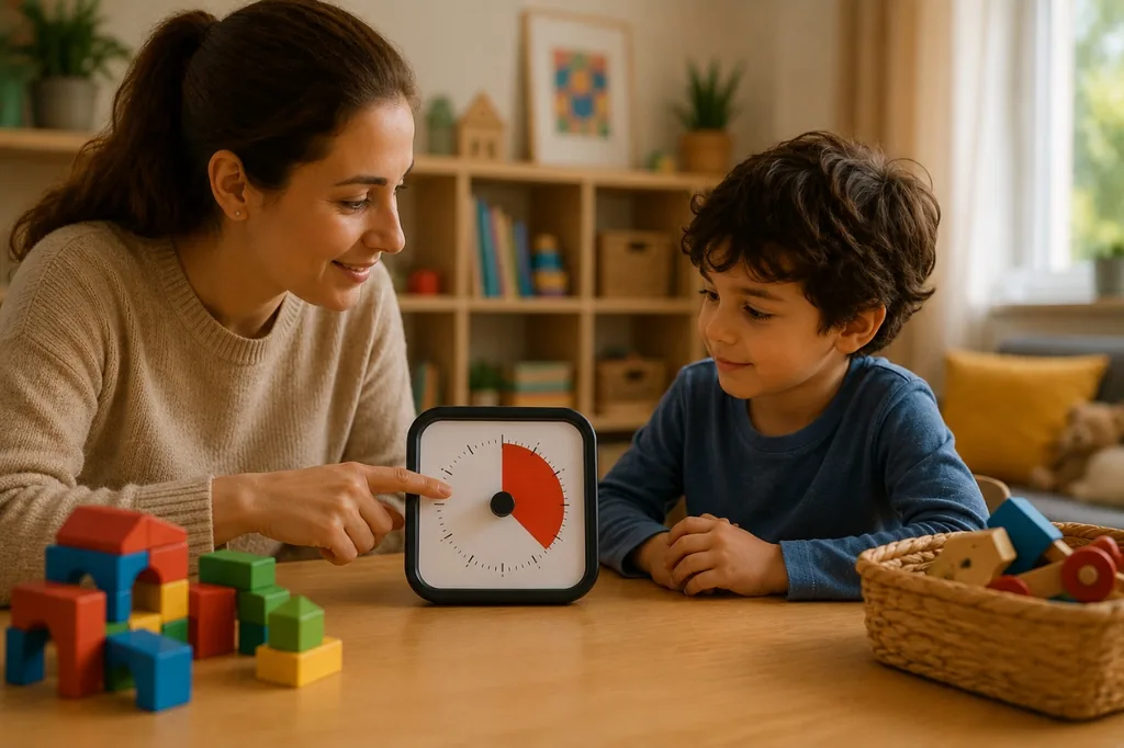 Una madre enseña a su hijo un temporizador visual para anticipar cuánto tiempo queda