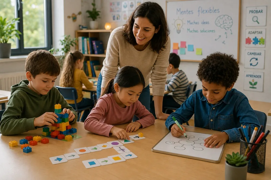 Una maestra acompaña a varios niños en actividades de flexibilidad mental dentro del aula