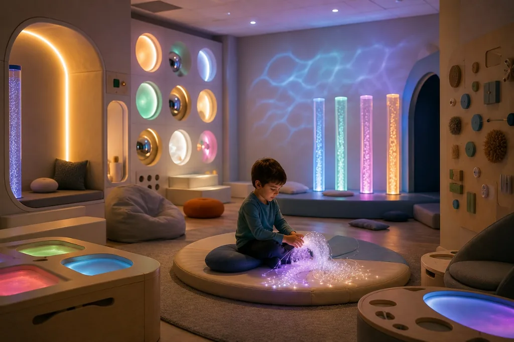Un niño juega tranquilo en una sala multisensorial con columnas de burbujas y luces suaves