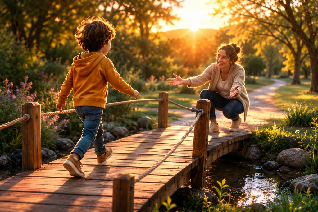 Un niño cruza un puente de madera hacia su madre, que lo espera al otro lado