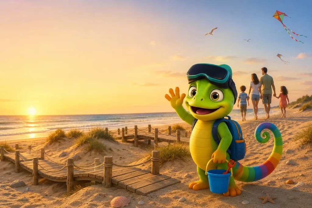 La mascota de Minifunkids saluda en la playa al atardecer, con una familia paseando al fondo