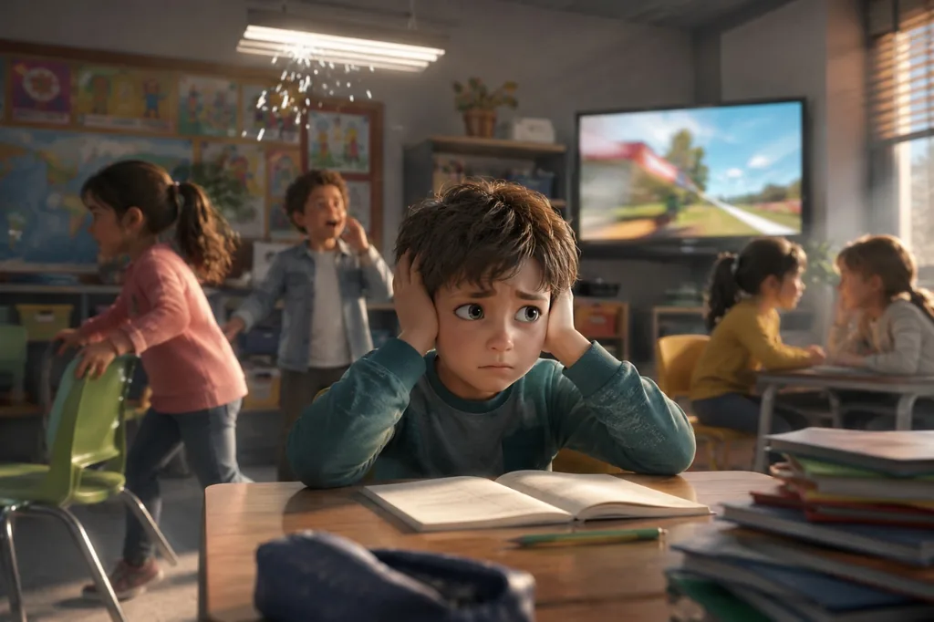 Un niño se tapa los oídos en un aula con ruido, movimiento y muchos estímulos visuales a la vez