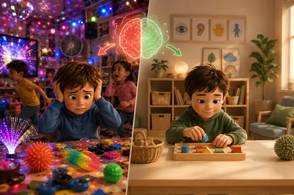 A la izquierda, un entorno saturado de luces y sonidos; a la derecha, un espacio tranquilo donde un niño juega concentrado