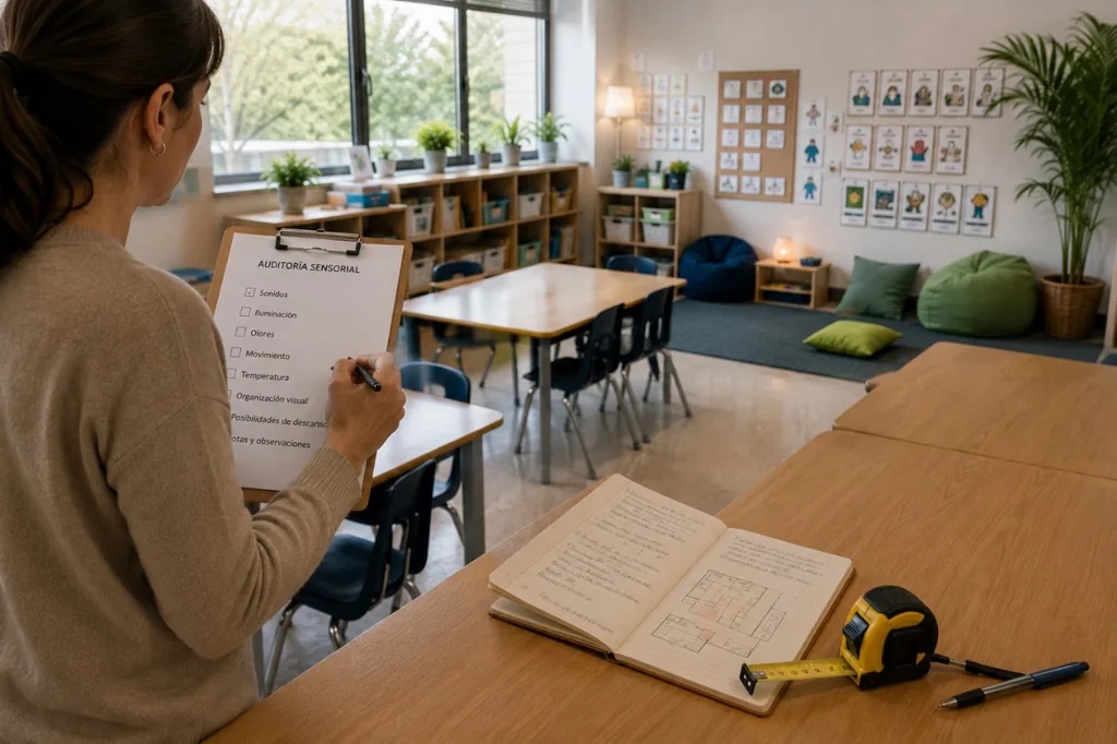 Una profesional recorre el aula con una hoja de auditoría sensorial para revisar ruido, luz y organización