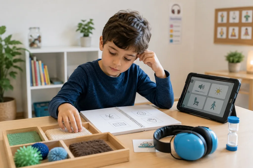 Un niño trabaja con pictogramas y una bandeja de materiales táctiles, con auriculares protectores al alcance