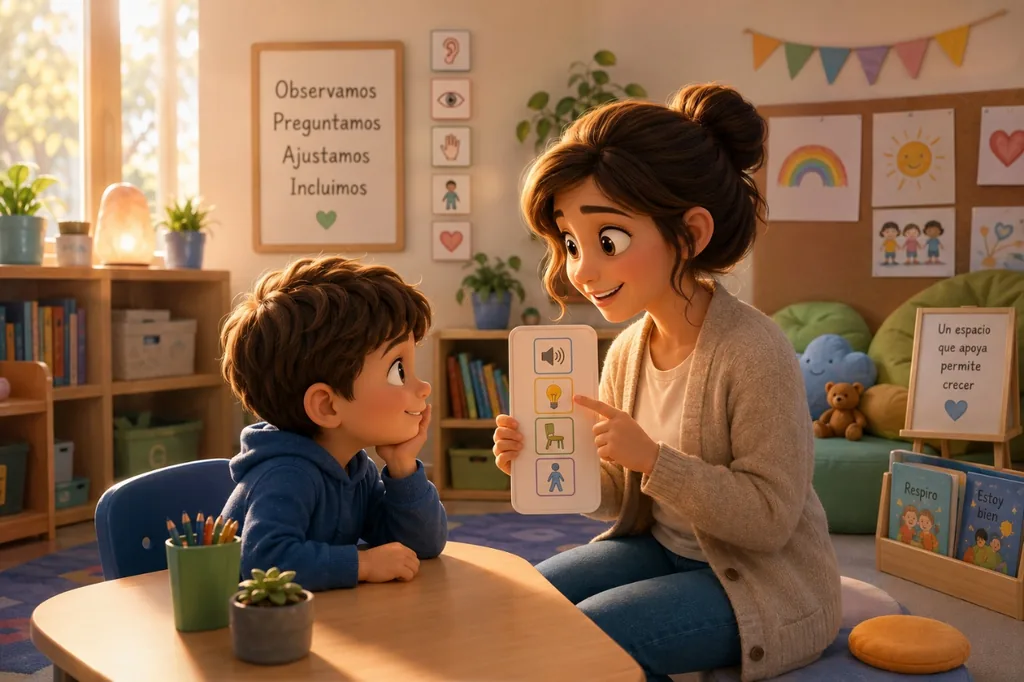 Una educadora y un niño conversan con apoyo de pictogramas bajo el lema observamos, preguntamos, ajustamos, incluimos