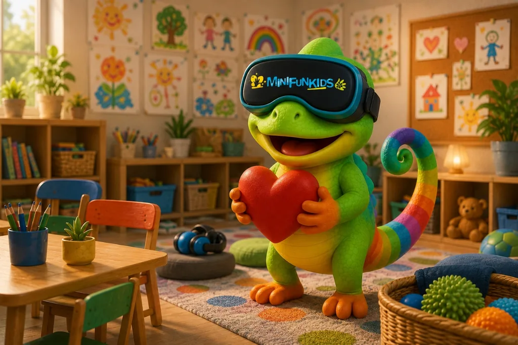 La mascota de Minifunkids, un camaleón con gafas de realidad virtual, abraza un corazón en un aula infantil