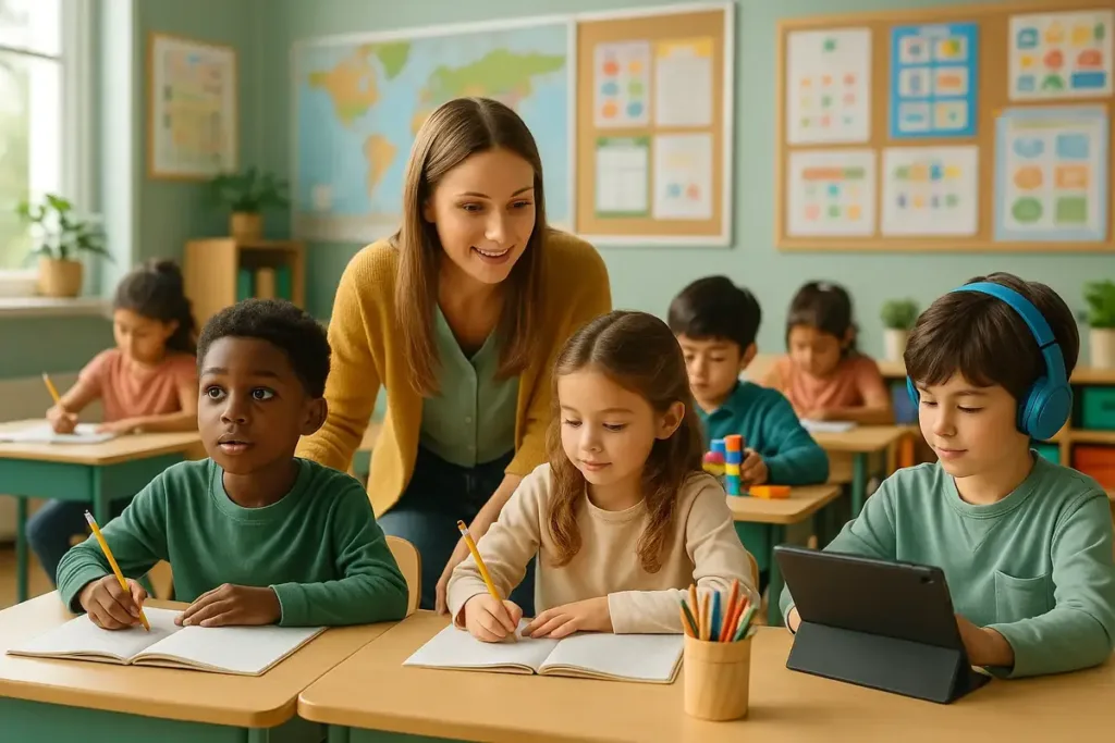 Una docente acompaña a un grupo diverso de niños en un aula adaptada a sus necesidades