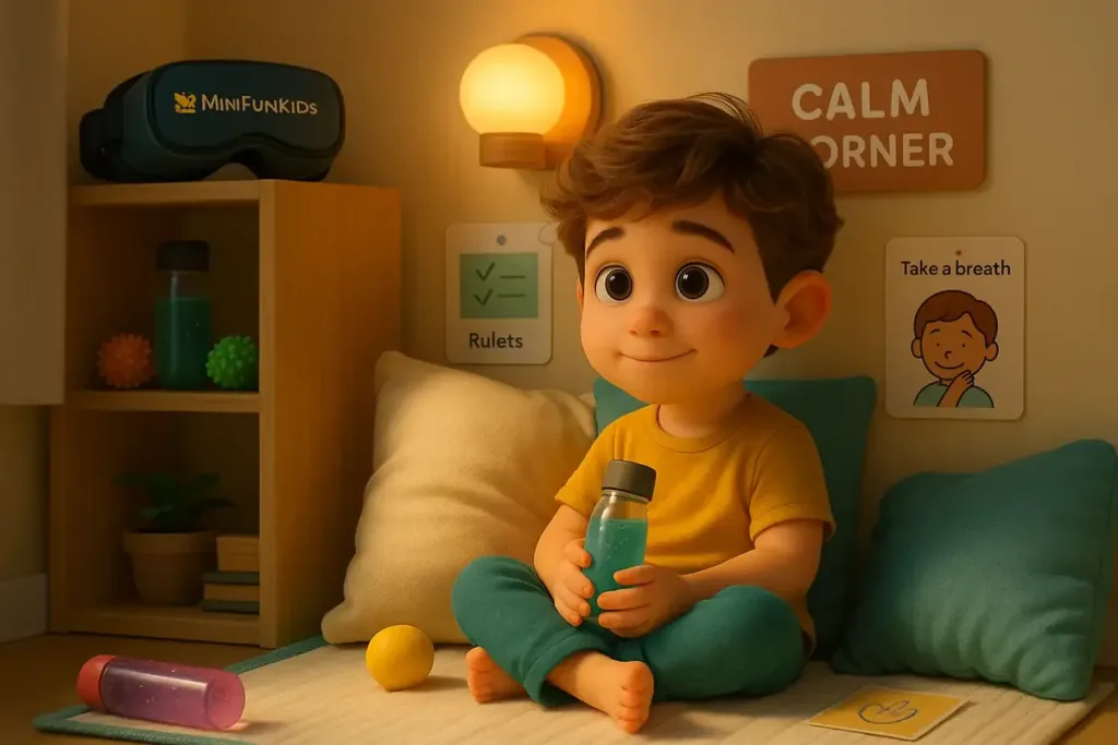 Un niño utiliza un rincón de la calma con luz suave y materiales de autorregulación