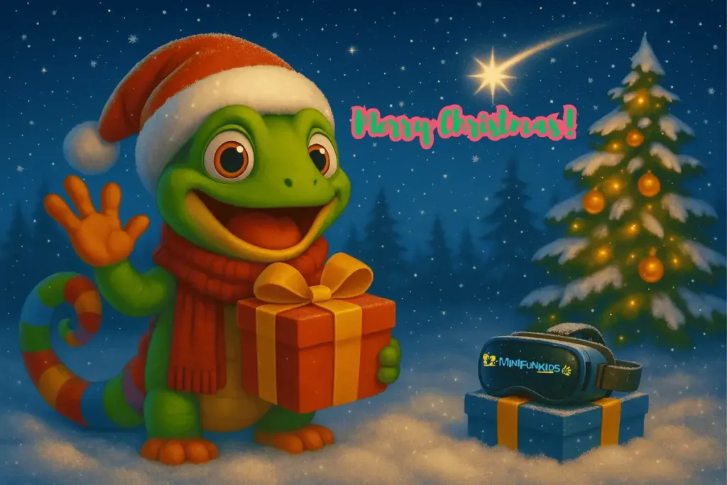 La mascota de Minifunkids comparte una felicitación navideña junto a un árbol iluminado