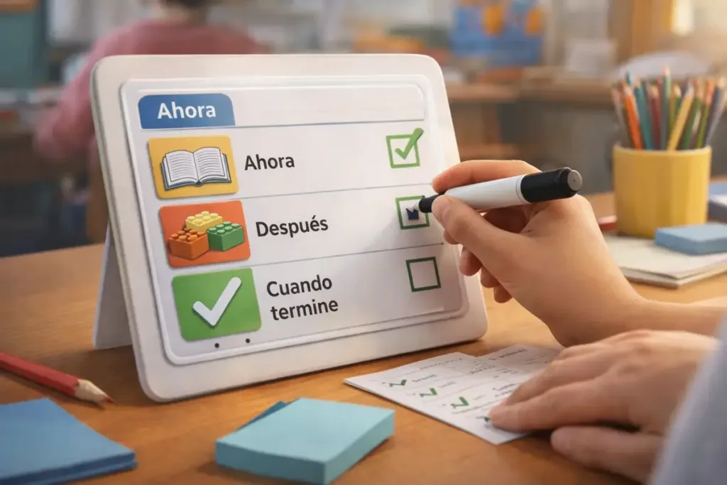 Una agenda visual organiza las tareas con ahora, después y cuando termine