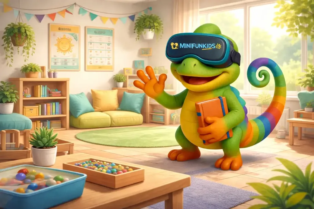 La mascota de Minifunkids se despide desde un espacio educativo acogedor