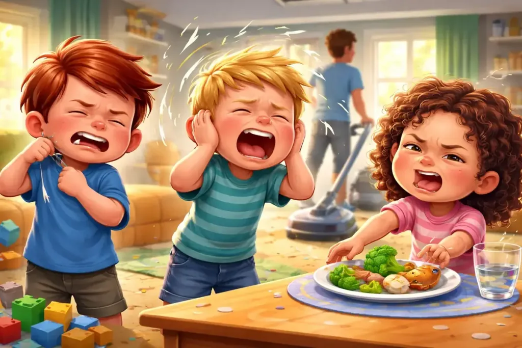 Tres niños manifiestan sobrecarga ante el ruido, las texturas y la comida