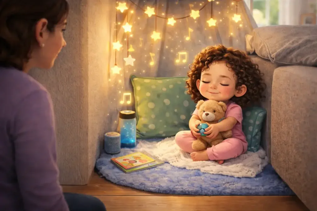 Una niña recupera la calma en un pequeño rincón sensorial junto a su madre