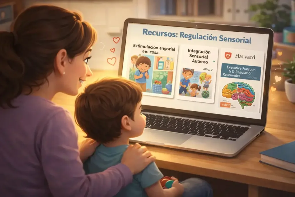 Una madre y su hijo consultan guías prácticas sobre regulación sensorial