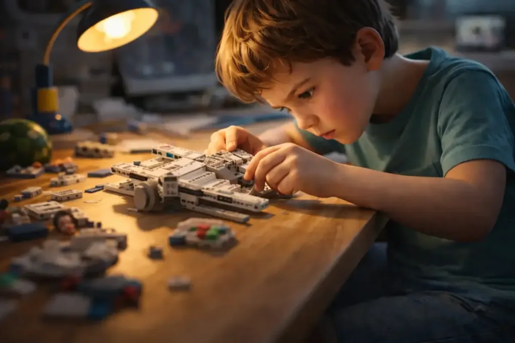 Un niño se concentra intensamente en una construcción de piezas