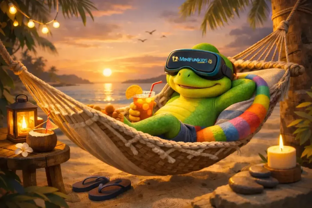 Funky, la mascota de Minifunkids, se relaja en una hamaca junto al mar