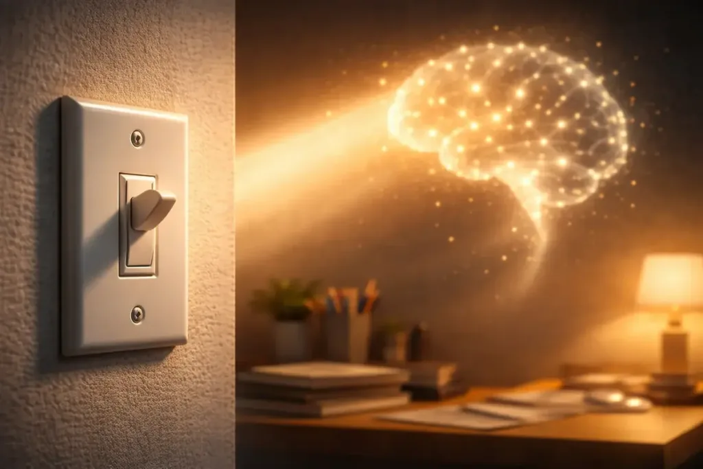 Un interruptor ilumina un cerebro y representa cómo la motivación enciende el aprendizaje