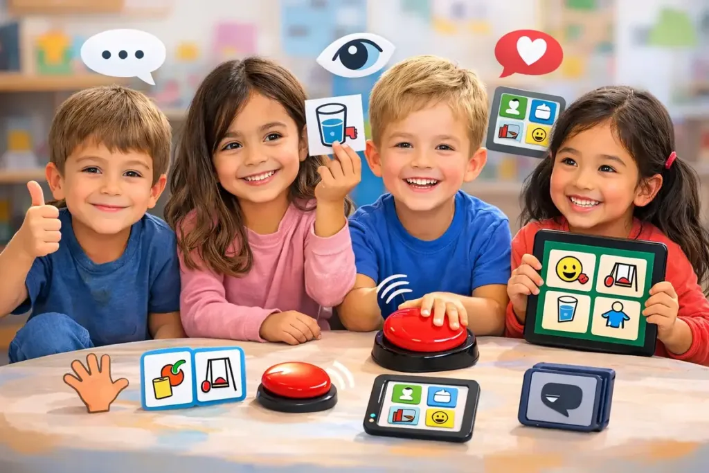 Cuatro niños se comunican mediante gestos, pictogramas, pulsadores y dispositivos electrónicos