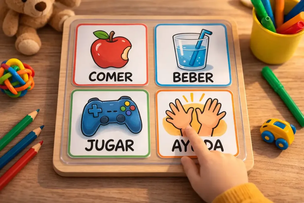Un tablero de comunicación ofrece cuatro opciones: comer, beber, jugar y pedir ayuda