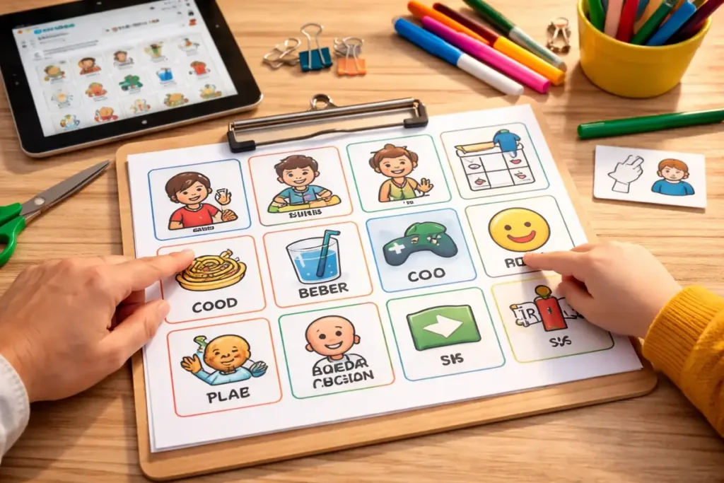 Un tablero impreso reúne pictogramas para apoyar la comunicación cotidiana
