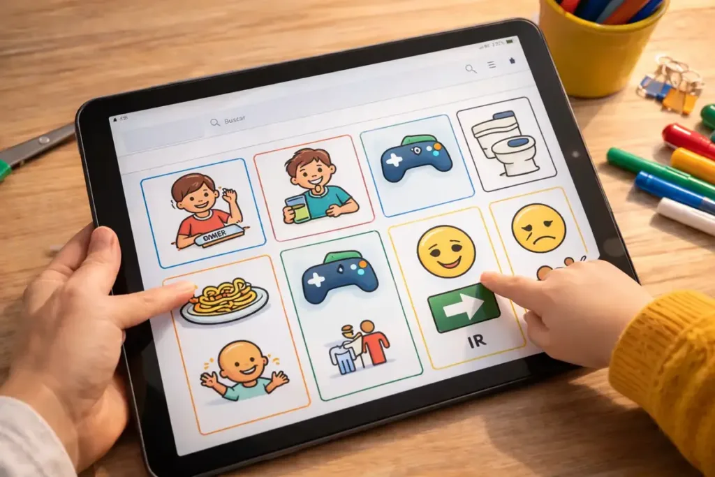 Una tablet muestra pictogramas digitales para expresar necesidades, actividades y emociones