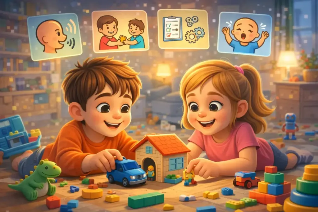 Dos niños juegan juntos mientras desarrollan comunicación, habilidades sociales y regulación emocional