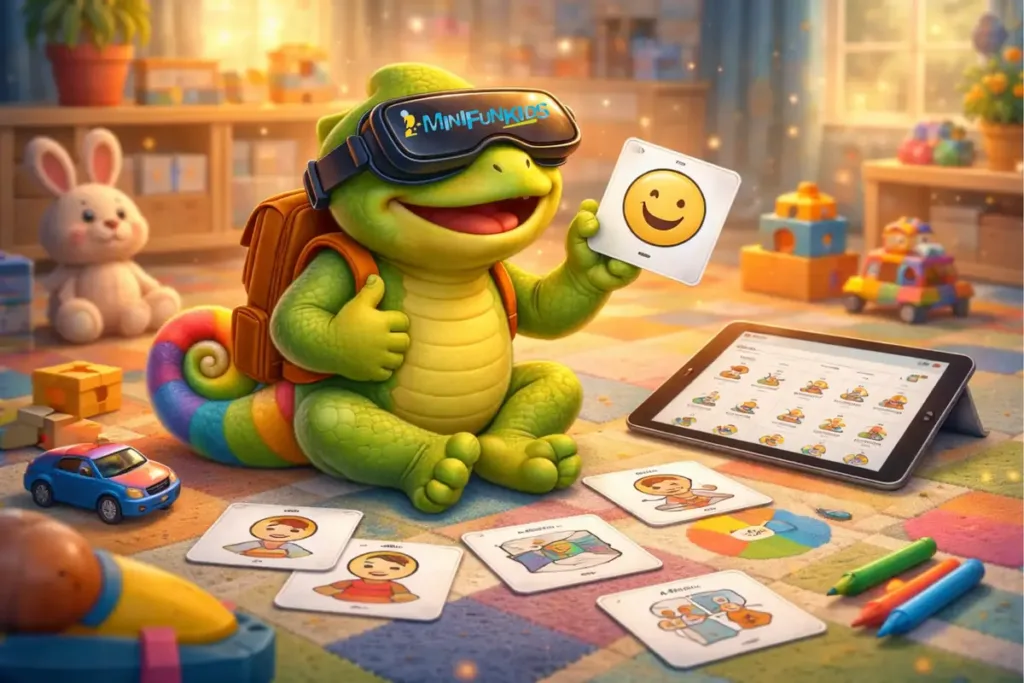 Funky, la mascota de Minifunkids, se despide mostrando un pictograma sonriente