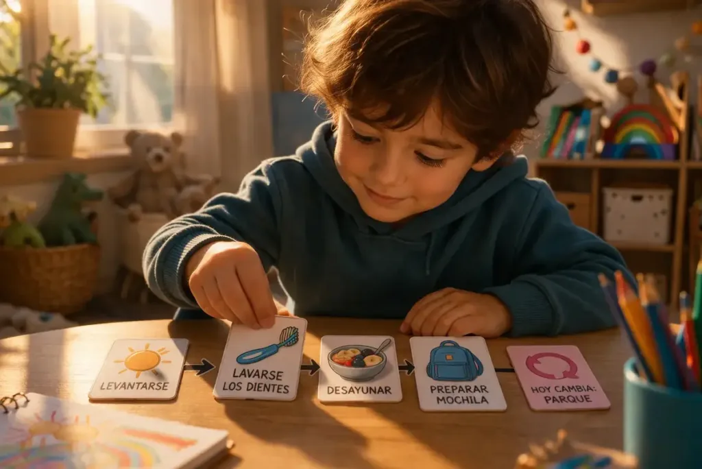 Un niño ordena pictogramas que representan los pasos de su rutina de mañana