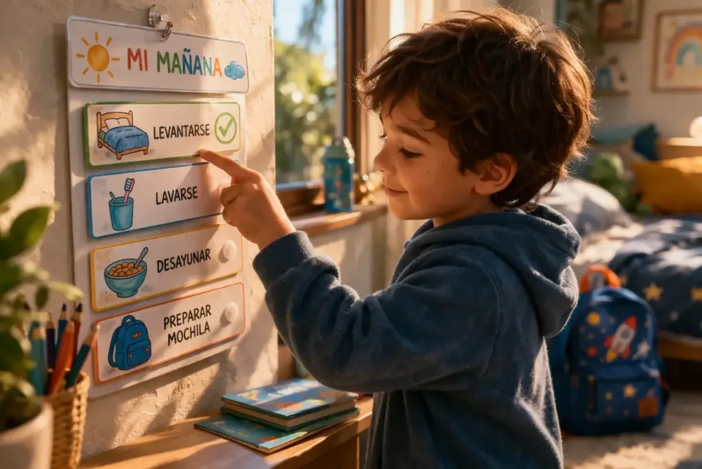 Un niño señala una rutina visual completa con los pasos de la mañana
