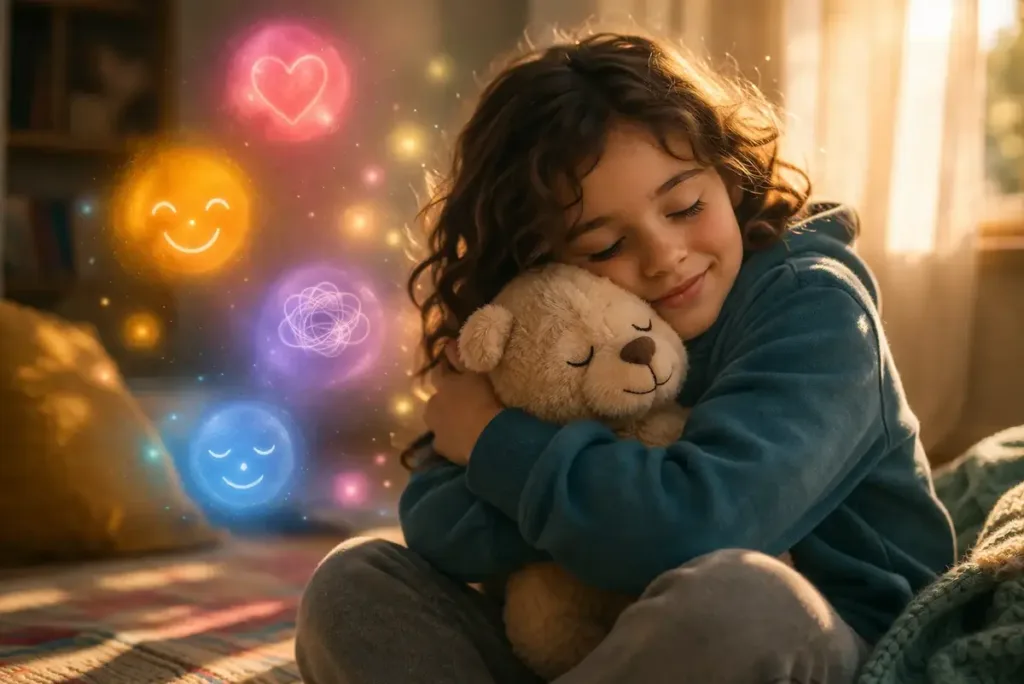 Una niña abraza su peluche mientras aprende a reconocer y acompañar sus emociones