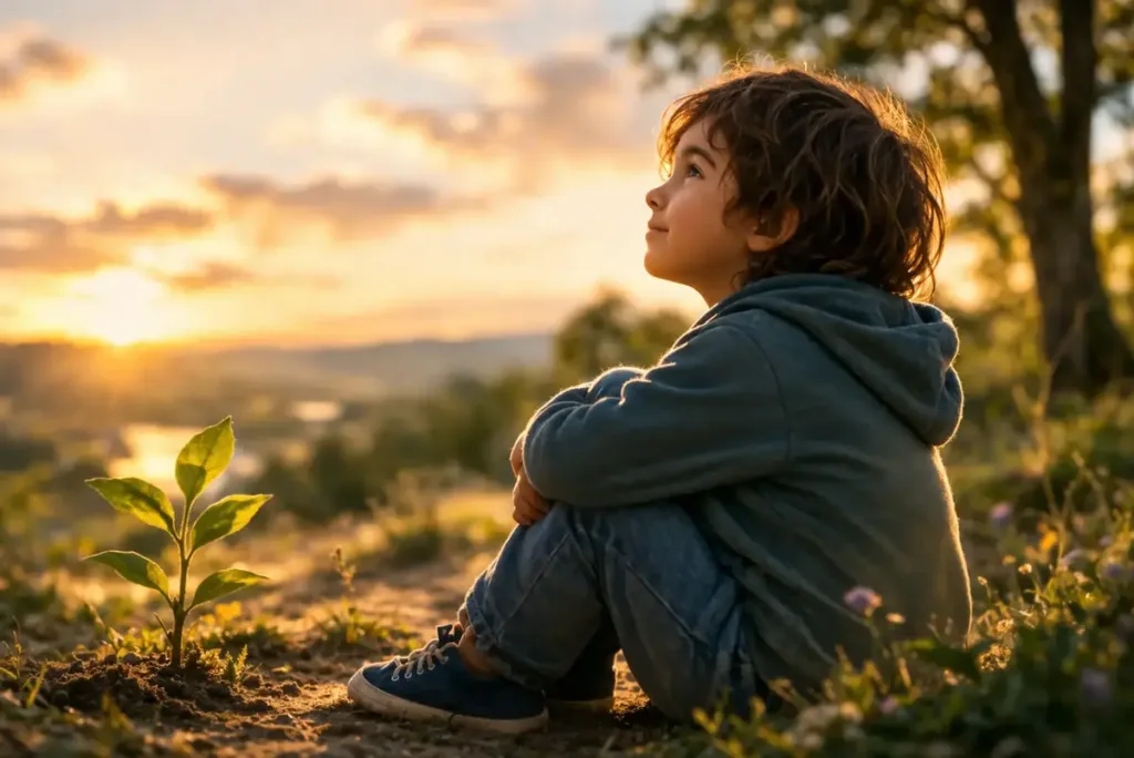 Un niño contempla el horizonte con tranquilidad y seguridad