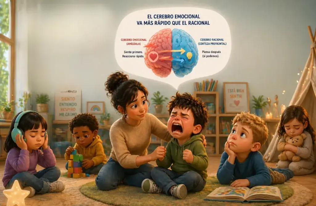 Una educadora acompaña a varios niños y explica la relación entre el cerebro emocional y el racional