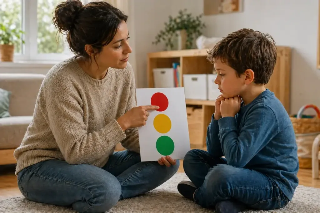 Una madre utiliza un semáforo emocional para ayudar a su hijo a identificar cómo se siente