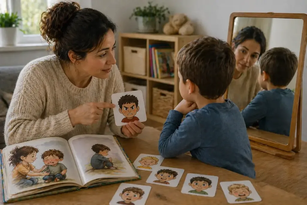 Una madre y su hijo practican el reconocimiento de emociones con cuentos, tarjetas y un espejo