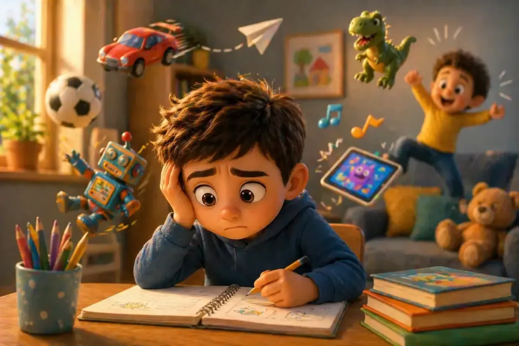 Un niño intenta concentrarse mientras múltiples estímulos compiten por su atención