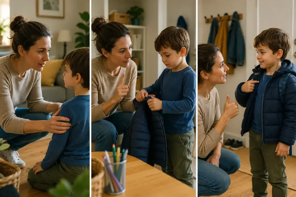 Una madre aplica los tres pasos de conexión, instrucción y confirmación